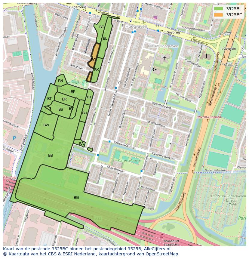 Afbeelding van het postcodegebied 3525 BC op de kaart.