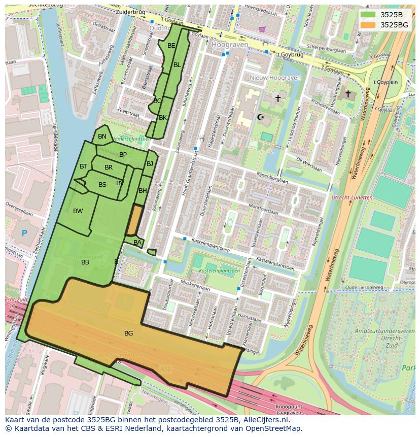 Afbeelding van het postcodegebied 3525 BG op de kaart.