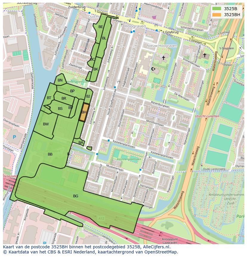 Afbeelding van het postcodegebied 3525 BH op de kaart.