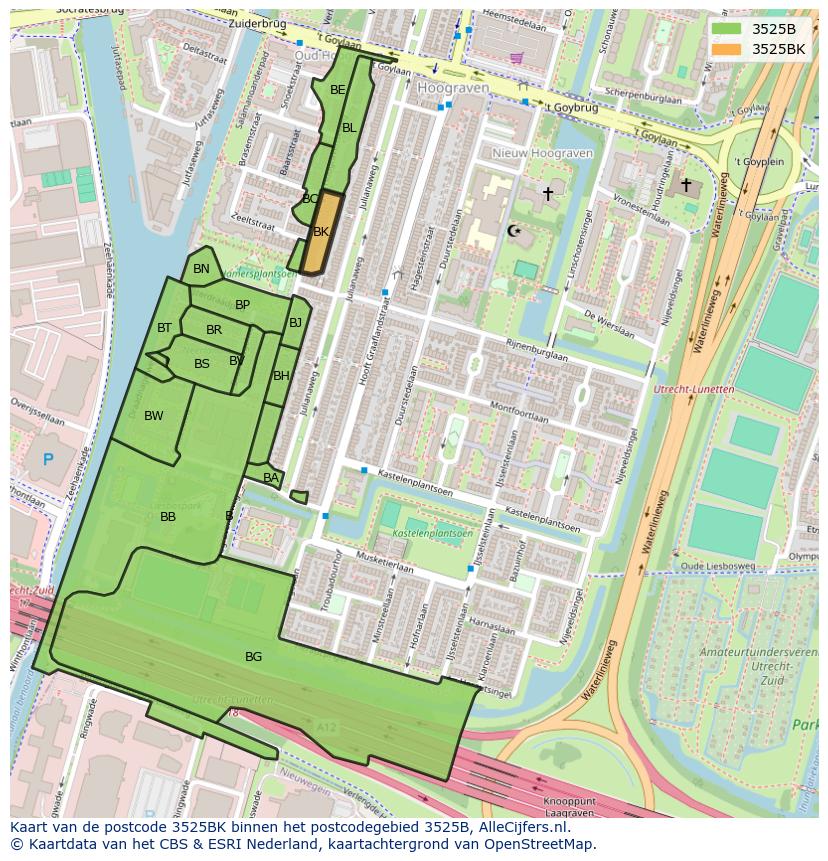 Afbeelding van het postcodegebied 3525 BK op de kaart.