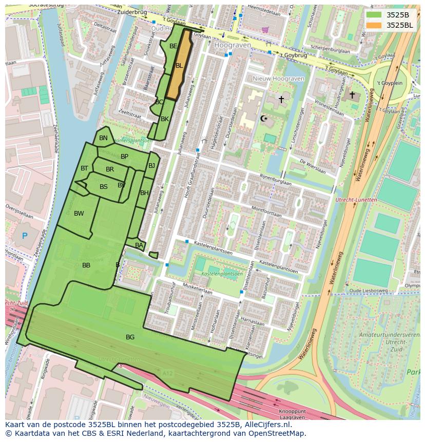 Afbeelding van het postcodegebied 3525 BL op de kaart.