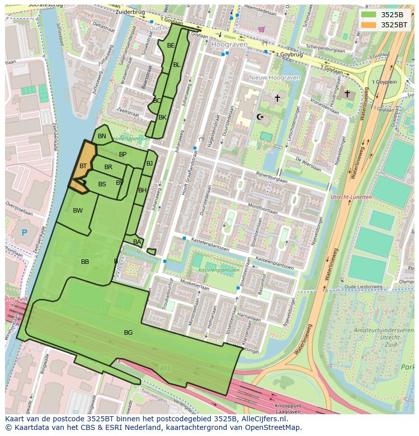 Afbeelding van het postcodegebied 3525 BT op de kaart.