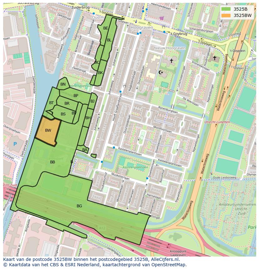 Afbeelding van het postcodegebied 3525 BW op de kaart.