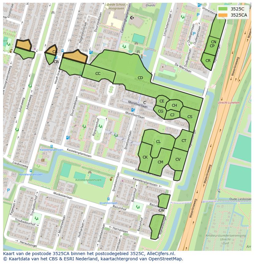Afbeelding van het postcodegebied 3525 CA op de kaart.