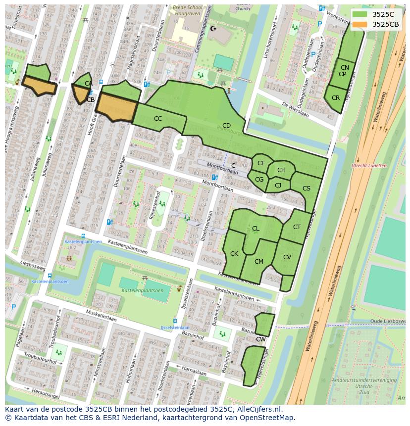 Afbeelding van het postcodegebied 3525 CB op de kaart.