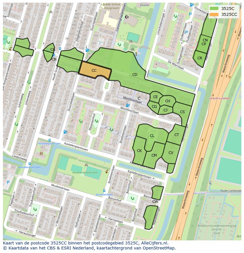 Afbeelding van het postcodegebied 3525 CC op de kaart.