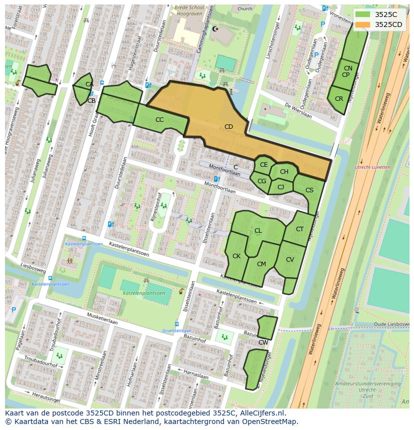 Afbeelding van het postcodegebied 3525 CD op de kaart.
