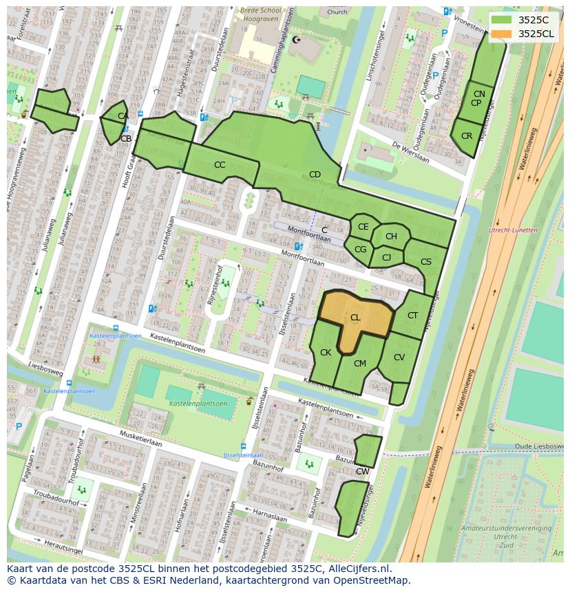 Afbeelding van het postcodegebied 3525 CL op de kaart.