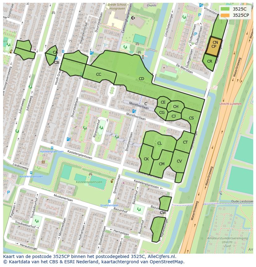 Afbeelding van het postcodegebied 3525 CP op de kaart.