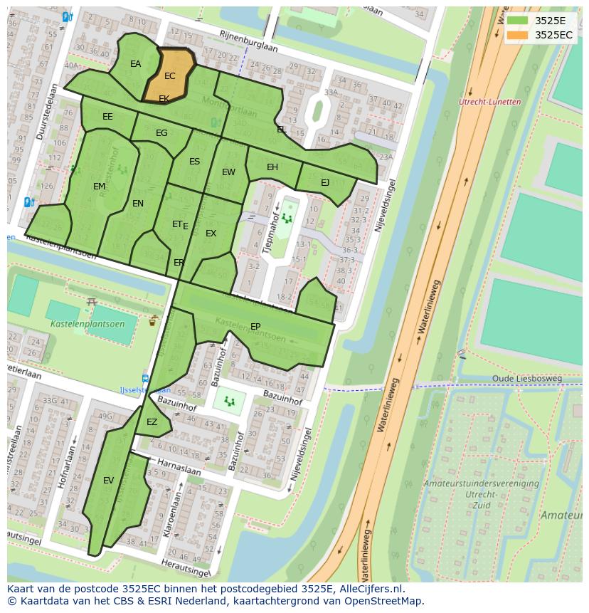 Afbeelding van het postcodegebied 3525 EC op de kaart.