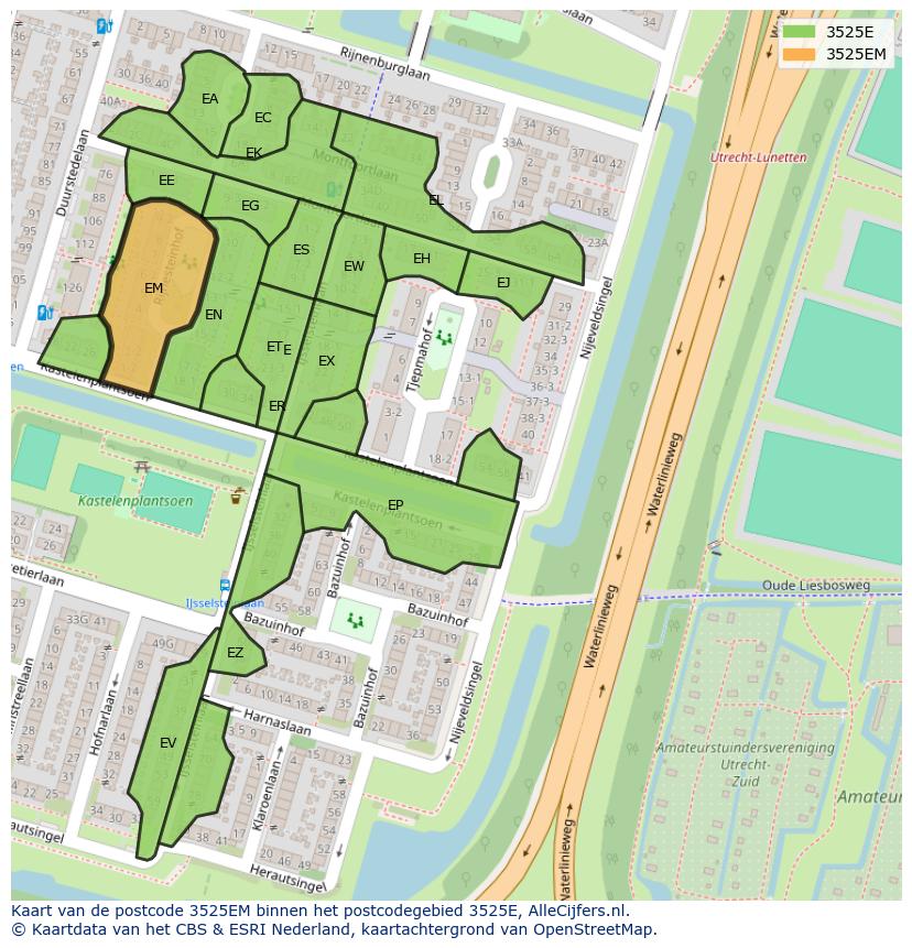 Afbeelding van het postcodegebied 3525 EM op de kaart.
