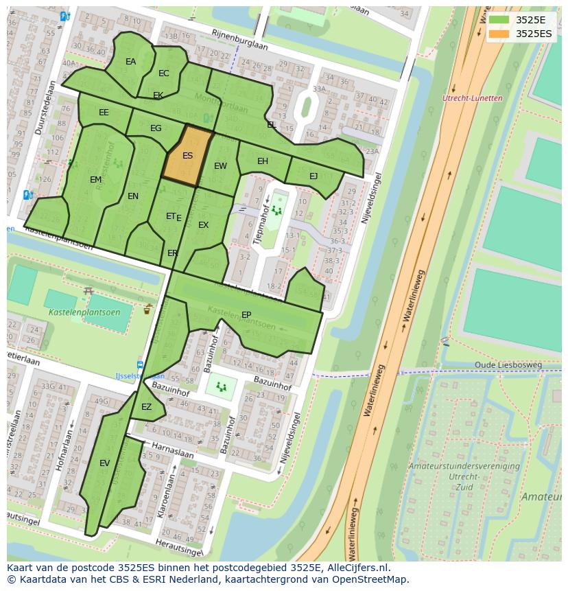 Afbeelding van het postcodegebied 3525 ES op de kaart.