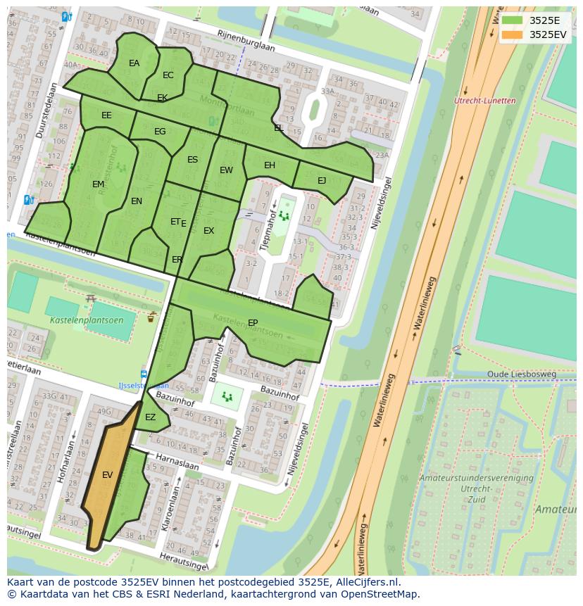 Afbeelding van het postcodegebied 3525 EV op de kaart.