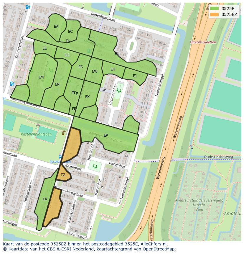 Afbeelding van het postcodegebied 3525 EZ op de kaart.