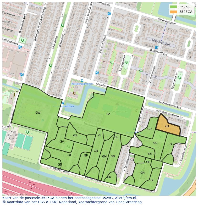 Afbeelding van het postcodegebied 3525 GA op de kaart.