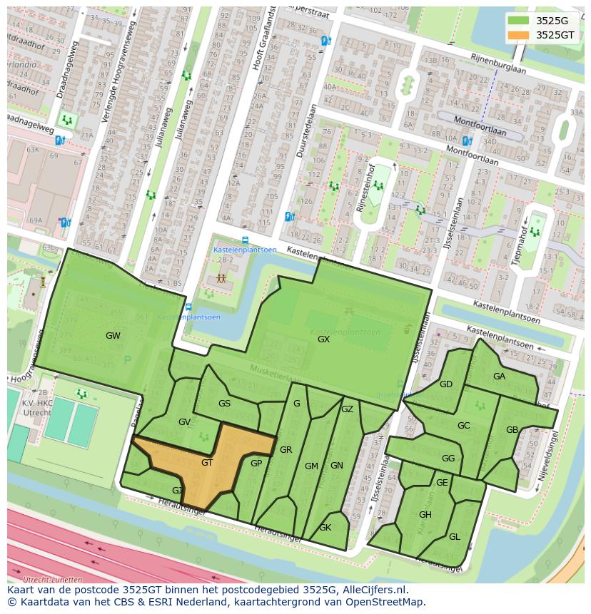 Afbeelding van het postcodegebied 3525 GT op de kaart.