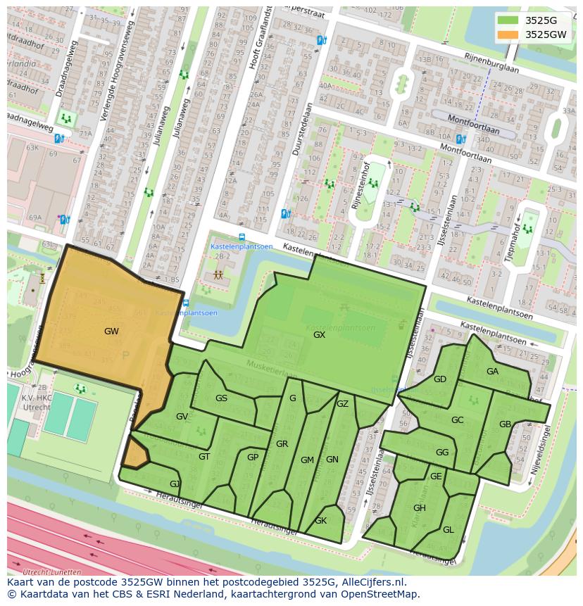 Afbeelding van het postcodegebied 3525 GW op de kaart.