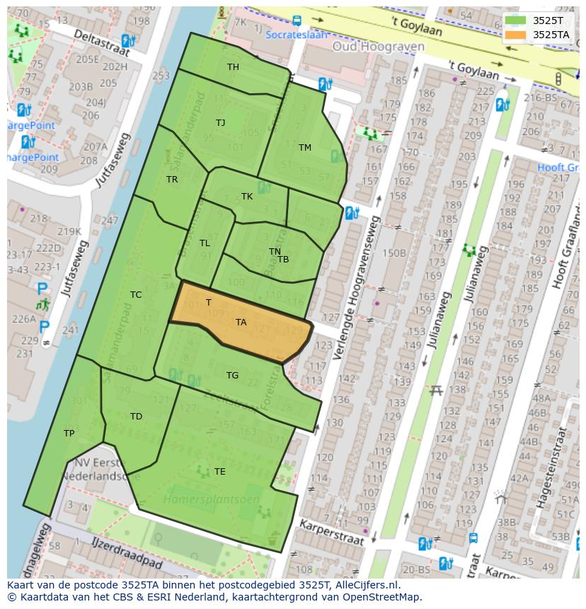 Afbeelding van het postcodegebied 3525 TA op de kaart.
