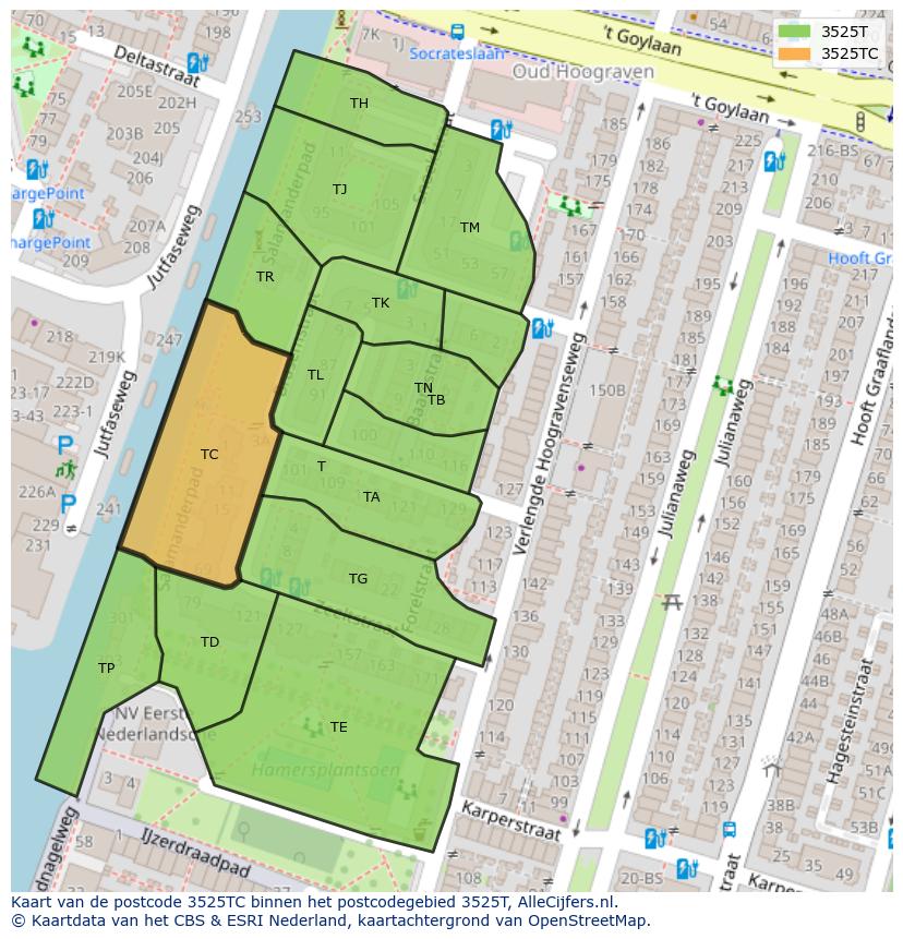 Afbeelding van het postcodegebied 3525 TC op de kaart.
