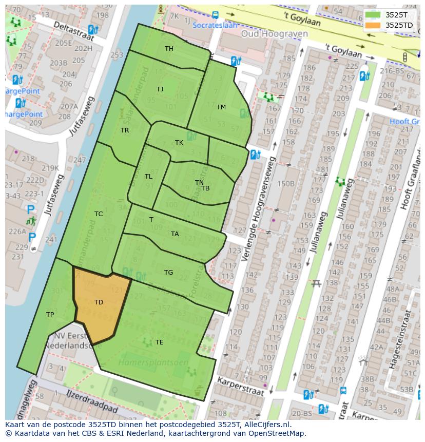 Afbeelding van het postcodegebied 3525 TD op de kaart.