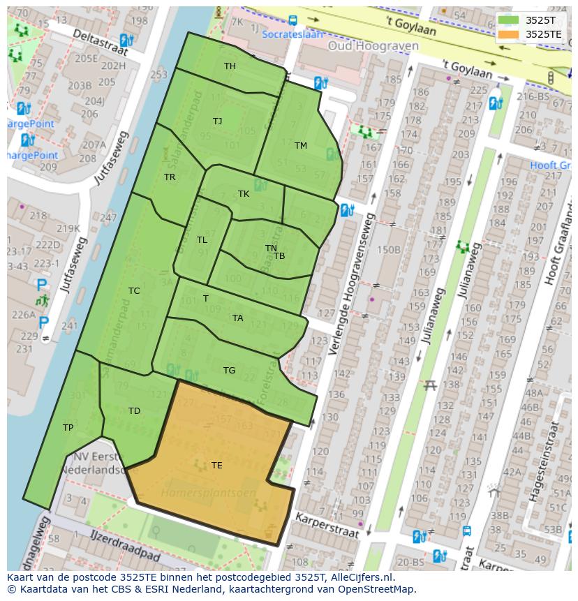 Afbeelding van het postcodegebied 3525 TE op de kaart.