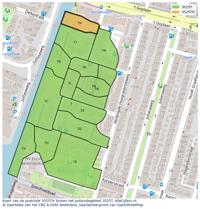 Afbeelding van het postcodegebied 3525 TH op de kaart.