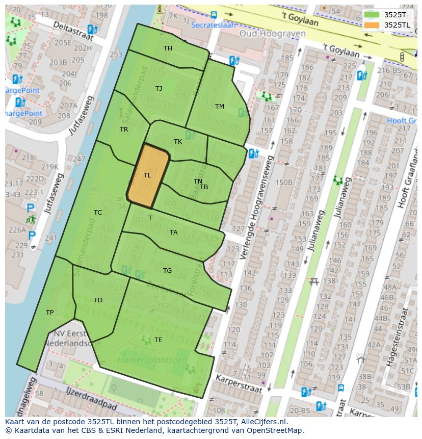 Afbeelding van het postcodegebied 3525 TL op de kaart.
