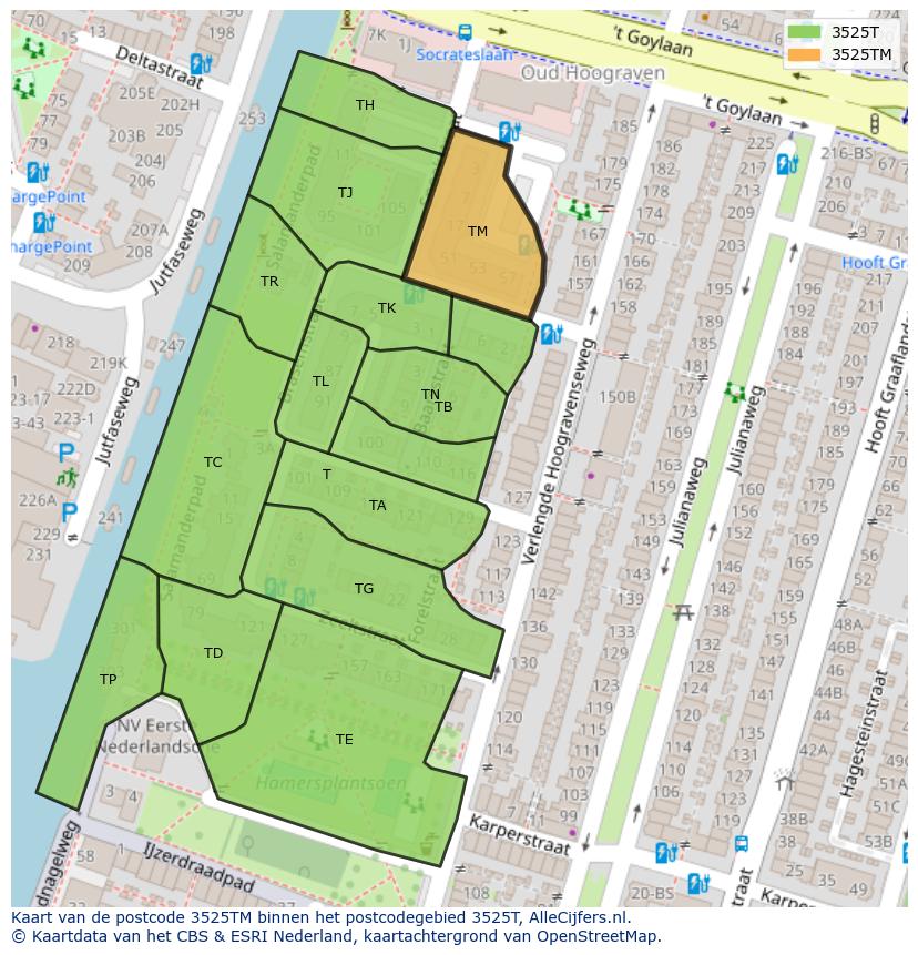 Afbeelding van het postcodegebied 3525 TM op de kaart.