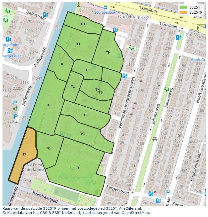 Afbeelding van het postcodegebied 3525 TP op de kaart.