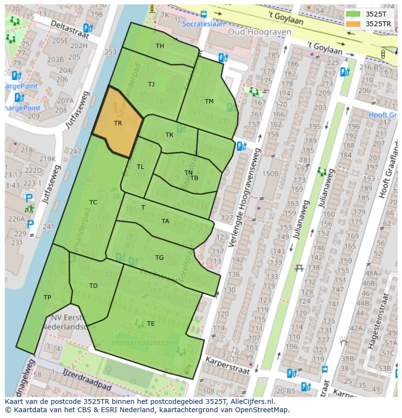 Afbeelding van het postcodegebied 3525 TR op de kaart.
