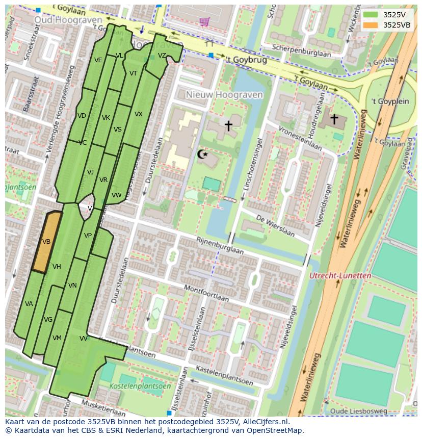 Afbeelding van het postcodegebied 3525 VB op de kaart.