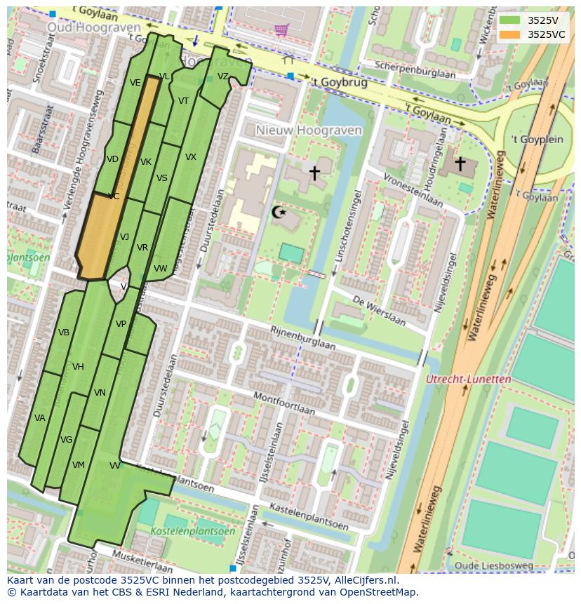 Afbeelding van het postcodegebied 3525 VC op de kaart.
