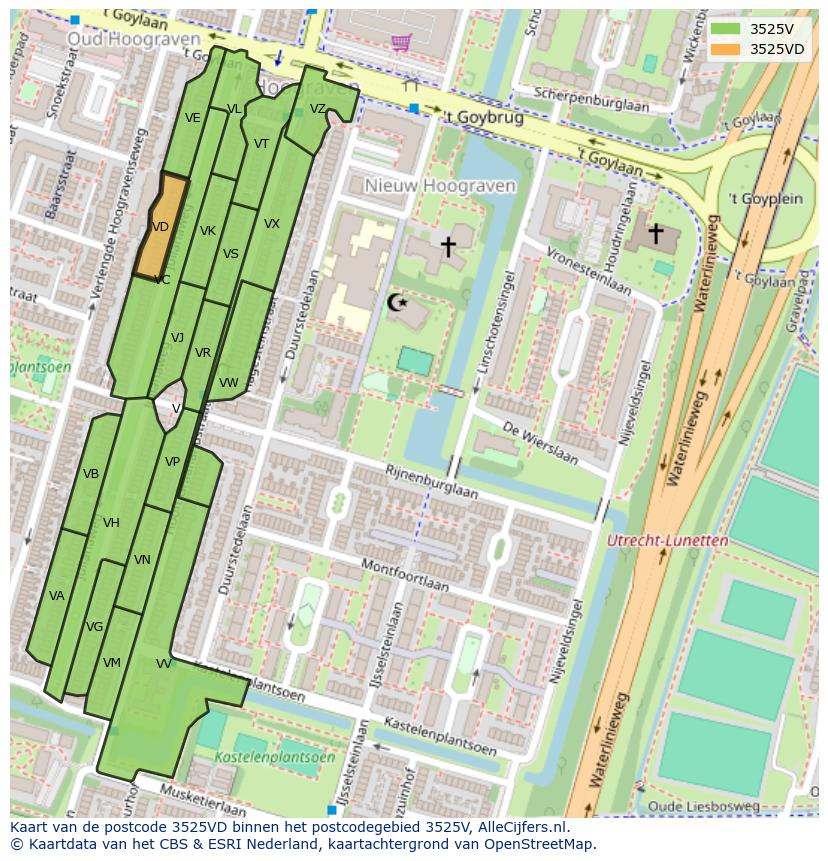 Afbeelding van het postcodegebied 3525 VD op de kaart.