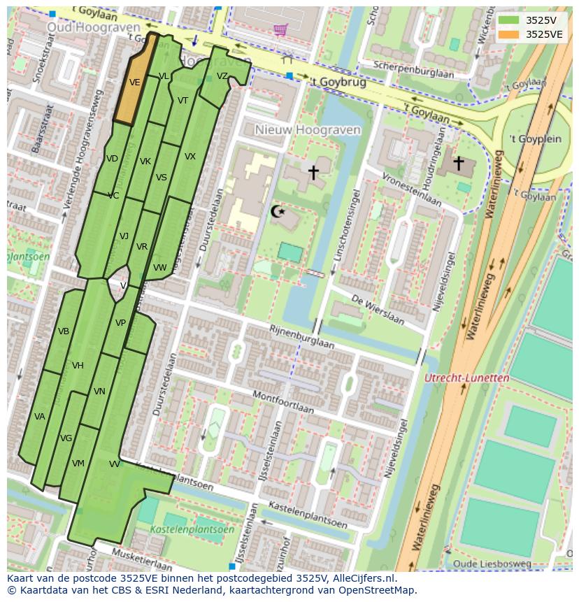Afbeelding van het postcodegebied 3525 VE op de kaart.