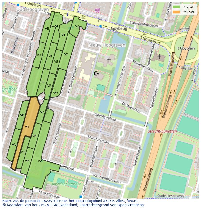 Afbeelding van het postcodegebied 3525 VH op de kaart.