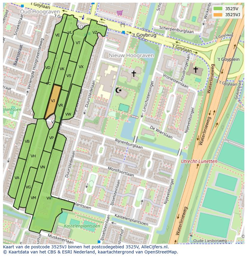 Afbeelding van het postcodegebied 3525 VJ op de kaart.