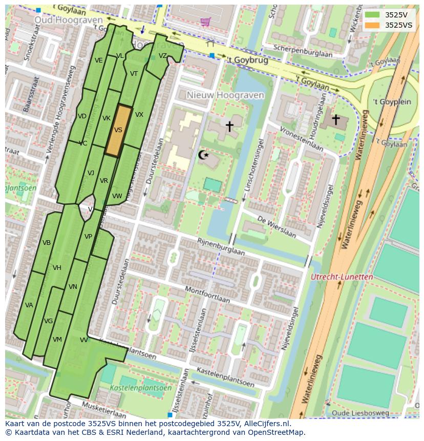 Afbeelding van het postcodegebied 3525 VS op de kaart.