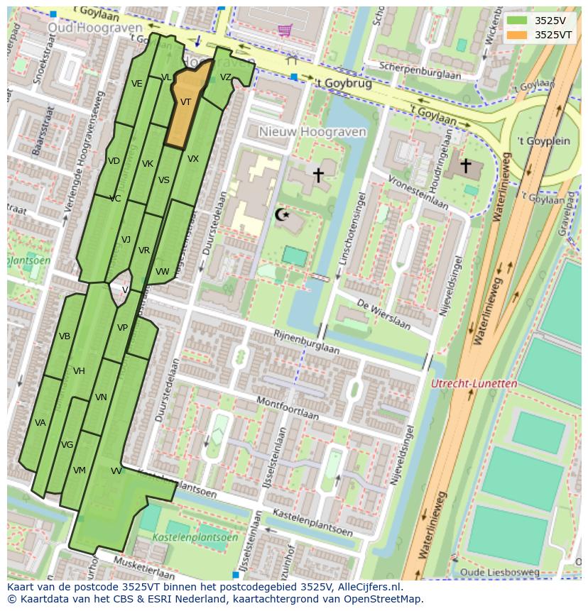 Afbeelding van het postcodegebied 3525 VT op de kaart.