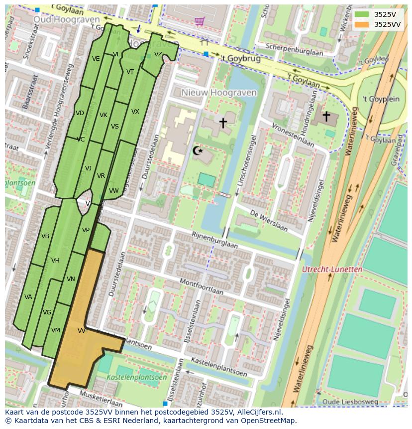 Afbeelding van het postcodegebied 3525 VV op de kaart.