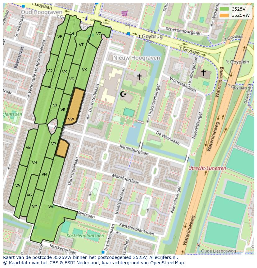 Afbeelding van het postcodegebied 3525 VW op de kaart.