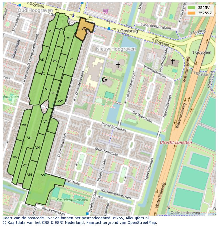 Afbeelding van het postcodegebied 3525 VZ op de kaart.