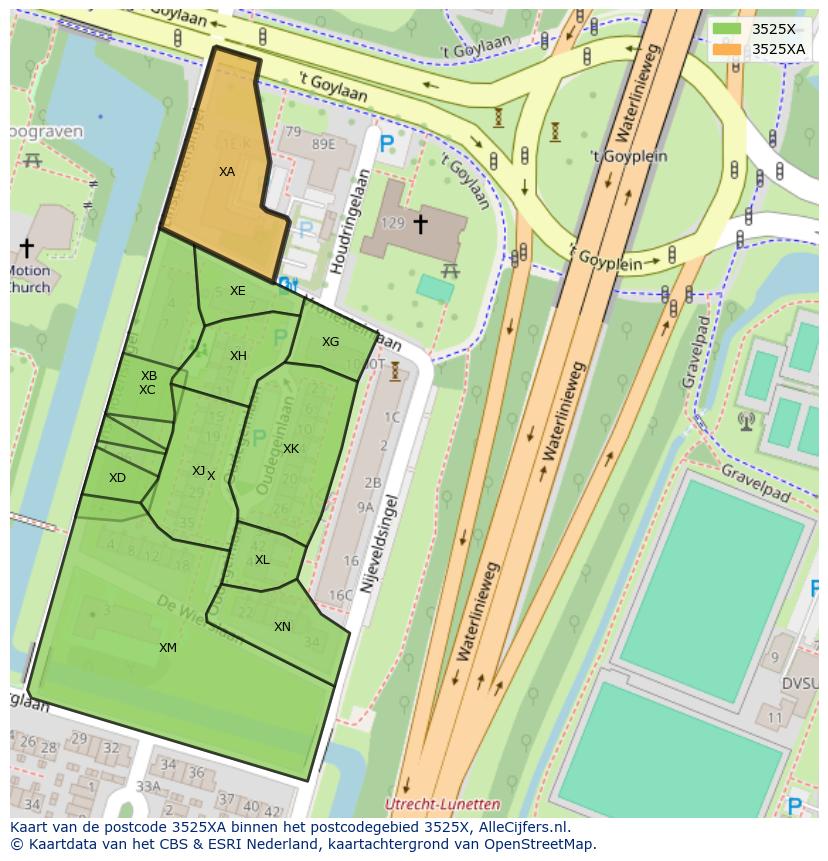 Afbeelding van het postcodegebied 3525 XA op de kaart.