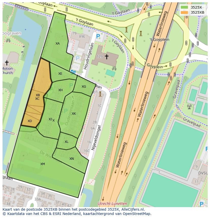 Afbeelding van het postcodegebied 3525 XB op de kaart.