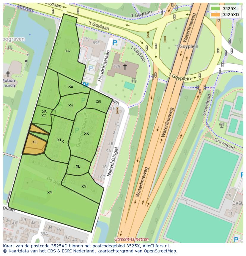 Afbeelding van het postcodegebied 3525 XD op de kaart.
