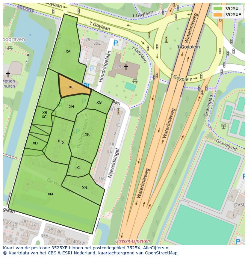 Afbeelding van het postcodegebied 3525 XE op de kaart.