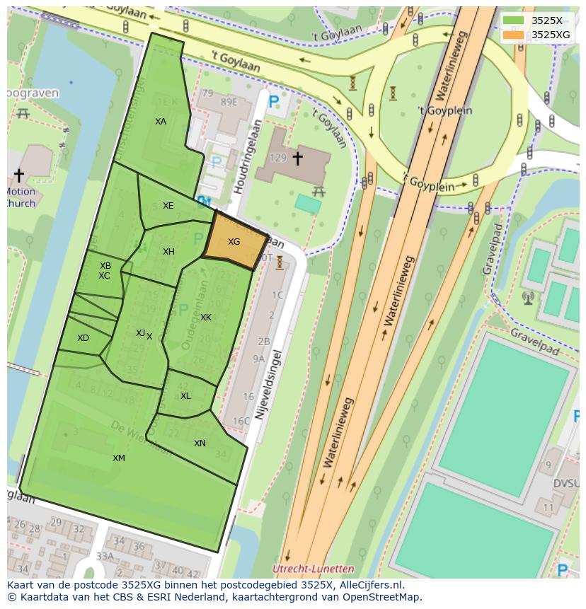 Afbeelding van het postcodegebied 3525 XG op de kaart.