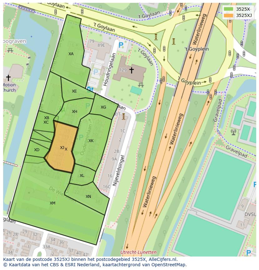 Afbeelding van het postcodegebied 3525 XJ op de kaart.