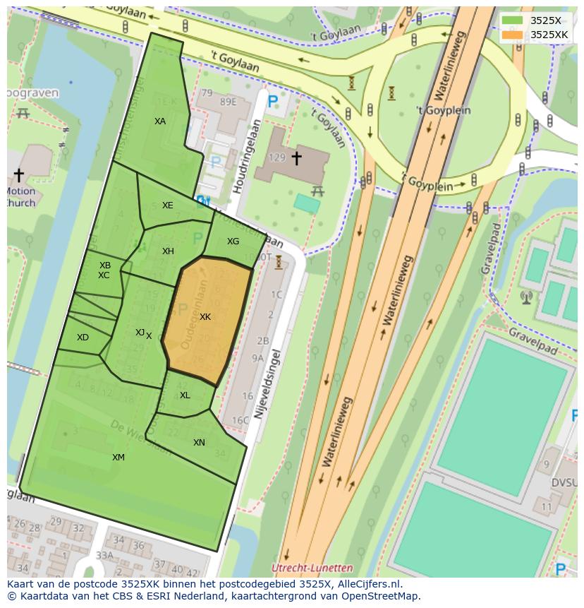 Afbeelding van het postcodegebied 3525 XK op de kaart.