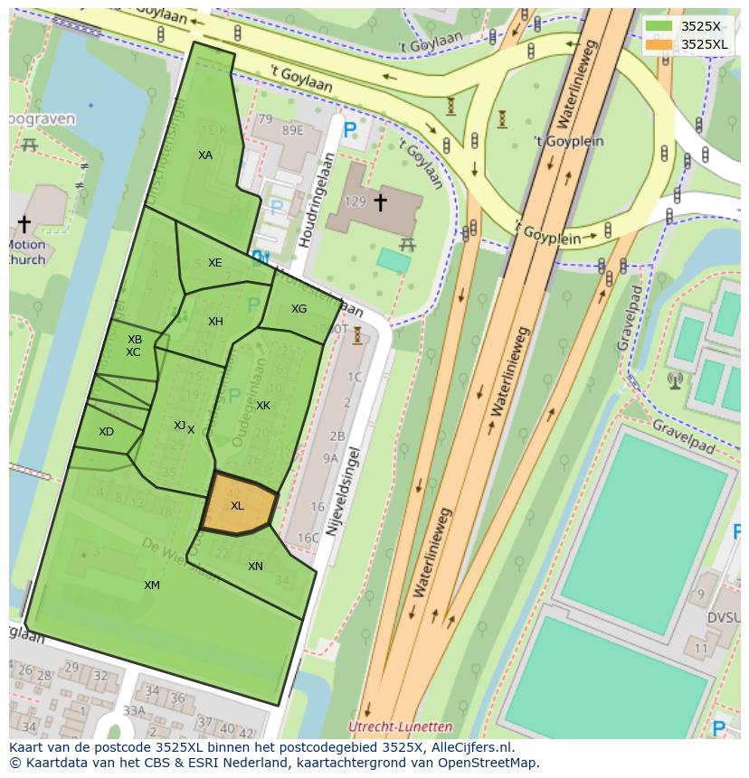 Afbeelding van het postcodegebied 3525 XL op de kaart.