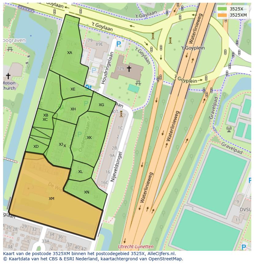 Afbeelding van het postcodegebied 3525 XM op de kaart.